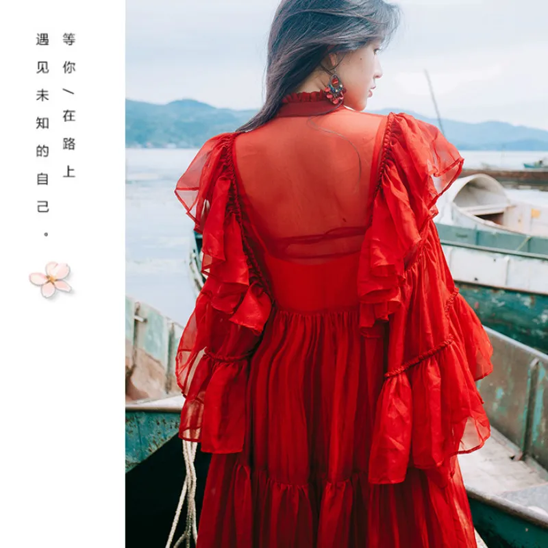 Высококачественное красное платье макси со стоячим воротником и расклешенными рукавами с оборками, прозрачное шифоновое длинное платье в стиле бохо, 2 предмета, платье Vestidos