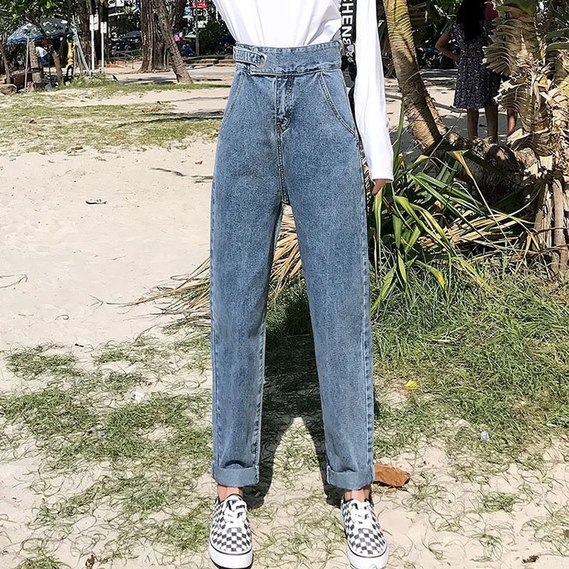 

Women High Waist Straight Leg Jeans Blue Wide Leg Loose Denim Pants Trousers 2019 Autumn Winter New Vintage Ladies Slim Jeans
