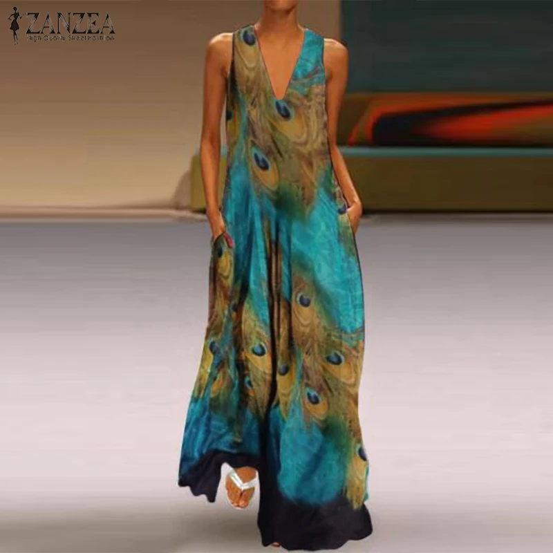 

2019 Plus Size ZANZEA Summer Party Sundress Women V Neck Sleeveless Bohemian Printed Loose Long Maxi Dress Vestido Femme Robe