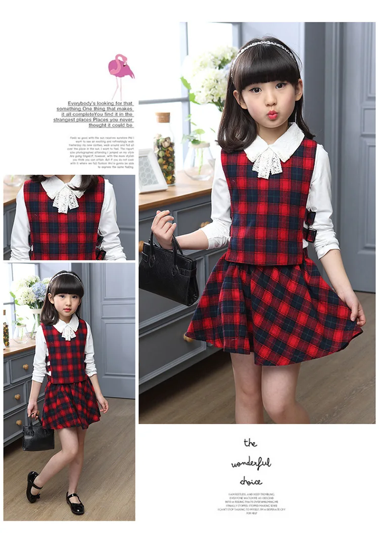 Girls White Shirt Plaid Waistcoat Skirts 3PCS Suit 6