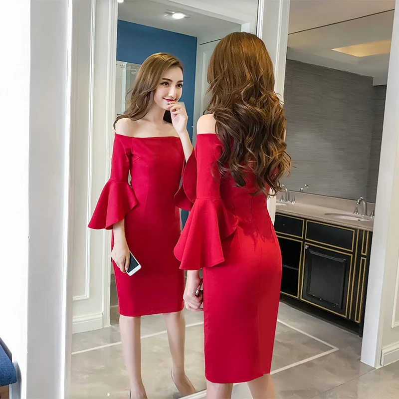 Night dress women temperament Slim thin trumpet sleeves word collar strapless red Sexy dress autumn new women's clothing dresses