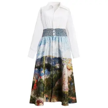 

spring autumn new fashion printed dress women turn down collar a-line patchwork long sleeve shirt dress