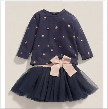

Children Girls T-shirt + Skirt Suit 2019 Spring Star Blouse + Yarn Tutu Skirts 2-6 Year