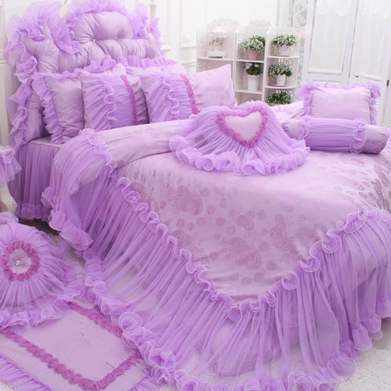 cheap Luxury Princess Girl Bedding Sets 4 Pcs Purple Lace Ruffled Rose Floral Printed Duvet Cover Wedding Bedspread King Queen Size