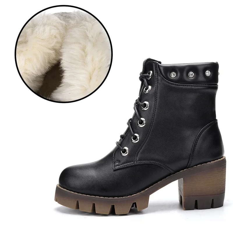 Ta Jiang/модные зимние сапоги; Новые осенне-зимние сапоги; женские теплые плюшевые ботильоны на шнуровке с заклепками; женская обувь на высоком каблуке - Цвет: Black Plush - Winter