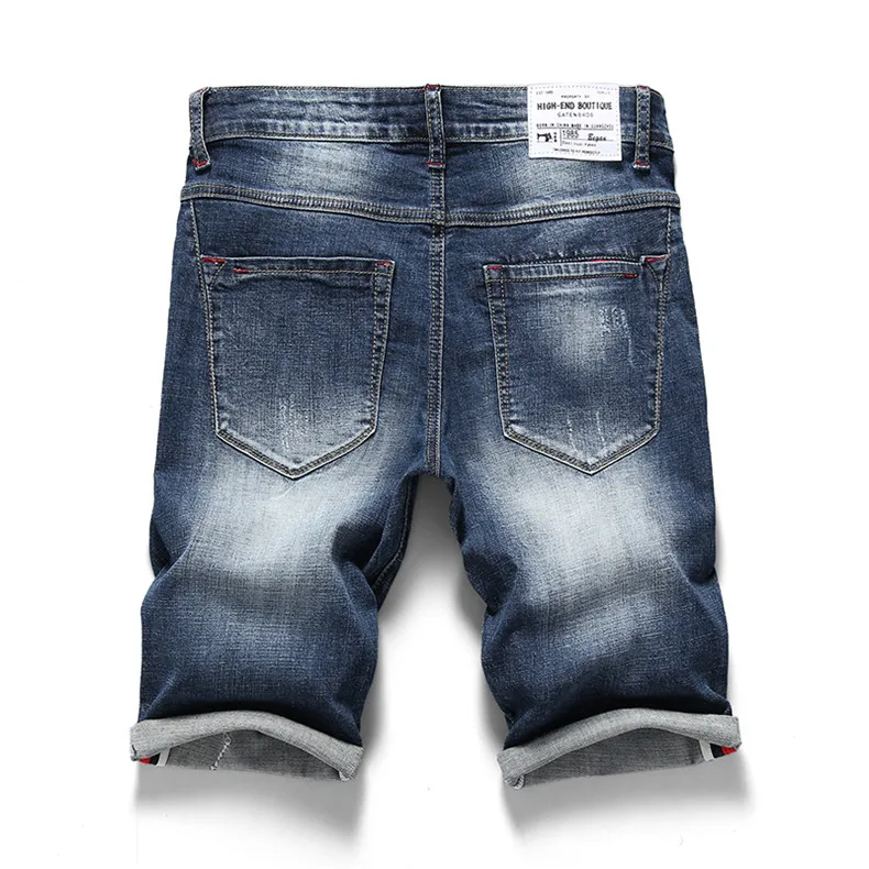 Джинсы Брендовые мужские шорты рваные летние капри Мужская мода байкер Повседневное эластичность Проблемные отверстий синие джинсы