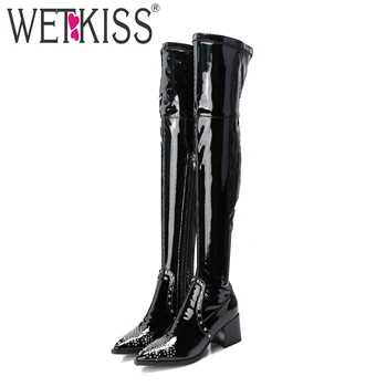 

WETKISS Over The Knee Women Pointed Toe Zip Rivet Footwear Patent Pu Stretch Female Boot High Heels Shoes Woman 2018 Winter New