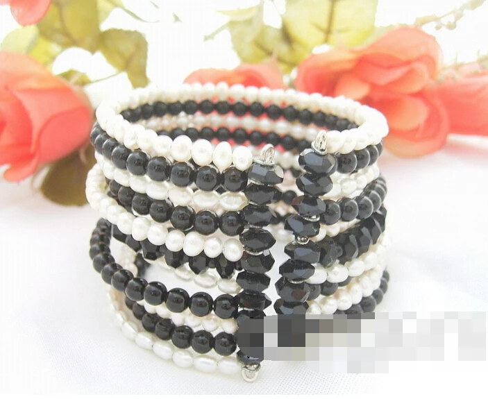 

free shipping 13332 White Pearl&Onyx Bracelet