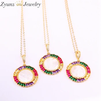 

5PCS, 26MM, Rainbow CZ Micro Pave Jesus /Mary of Virgin Shell Pendant Necklace, Round Shaped Religious Charms, Cubic Zirconia
