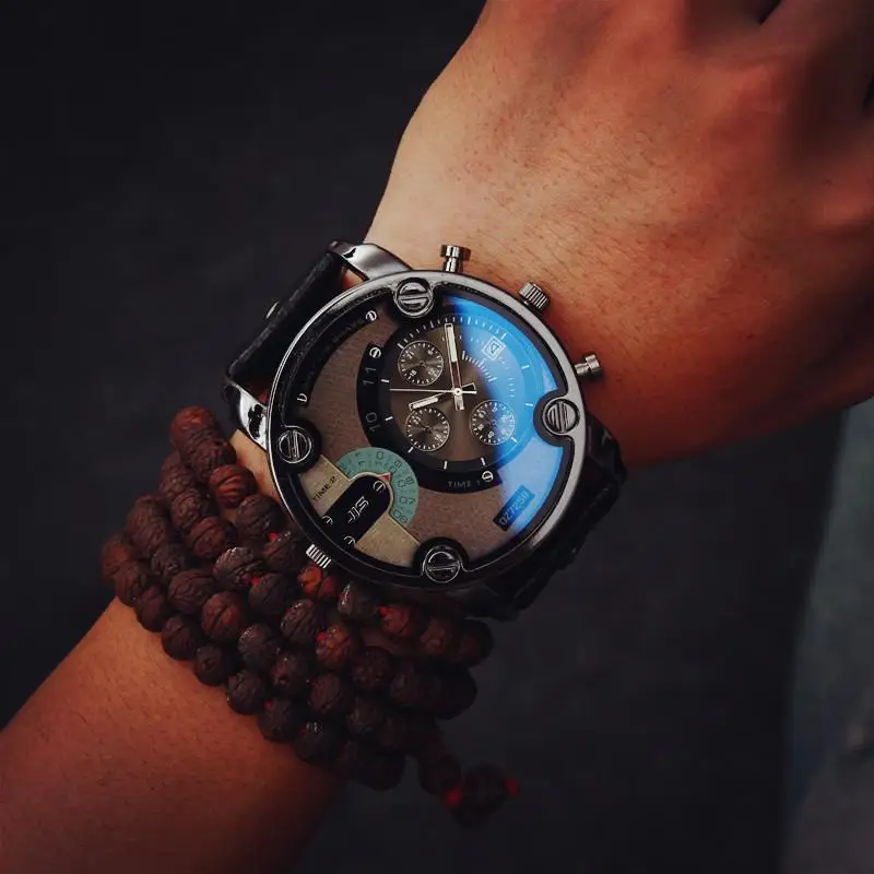 Мода JIS Высокое качество Blue Ray черный коричневый кожаный ремешок стальной корпус Мужские кварцевые часы наручные часы - Цвет: Black