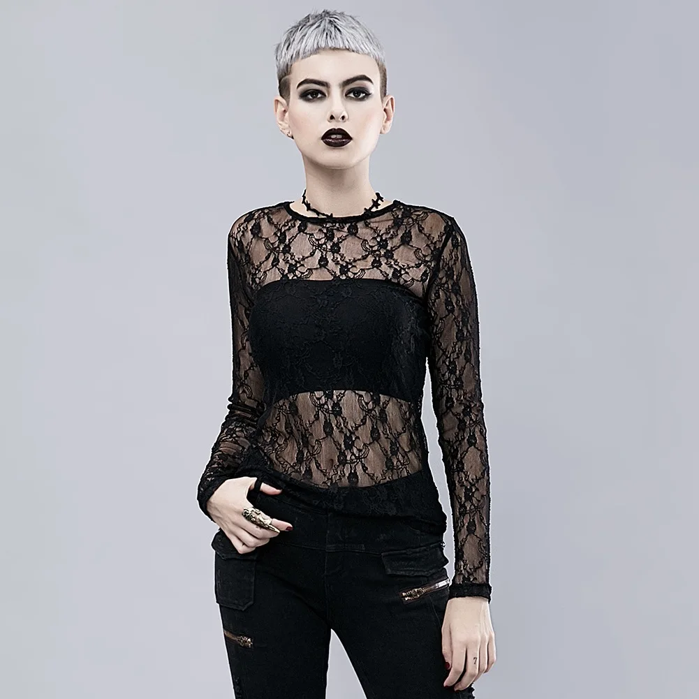 

Fashion Dark Heavy Steampunk Street T-Shirt Gothic Black Lace Transparent Long Sleeves Stretch T Shirt Tops