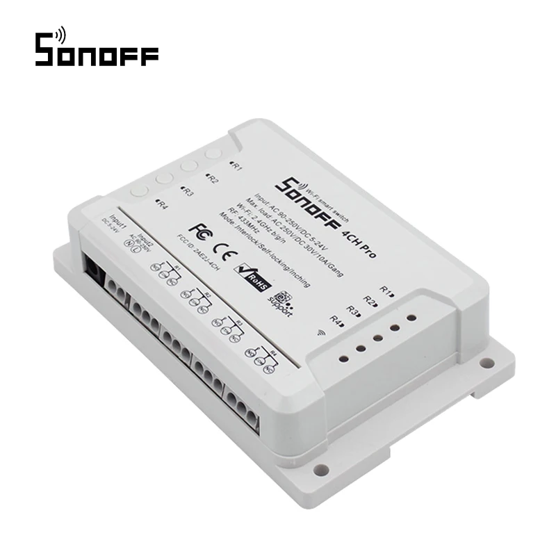 

Sonoff 4CH Pro R2 Smart Home RF 433MHz Wifi Light Switch 4 Gang 3 Working Modes Inching Interlock Wifi Switch Work With Alexa