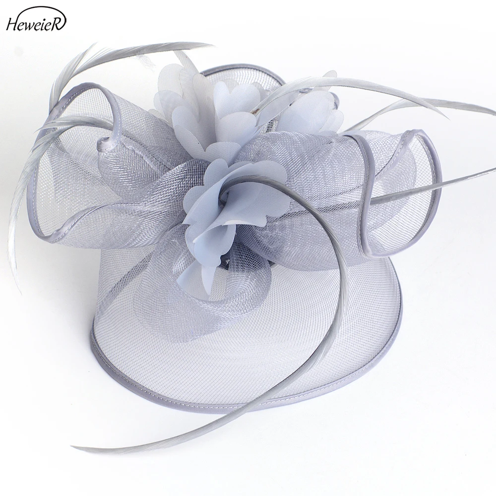 Серый цвет дамы Для женщин перо сетки чародей Шапки Ascot коктейльное вечерние заколка для причёски парики кольца аксессуар на голову