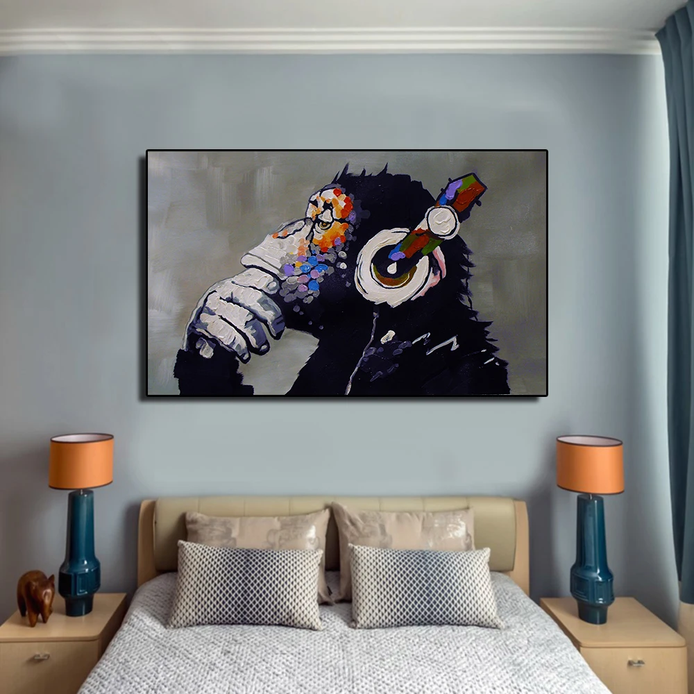 

QKART Monkey Listen to The Music Painting Canvas For Wall Art Decoration Oil Painting Picture Home For Room Home Decor No Frame