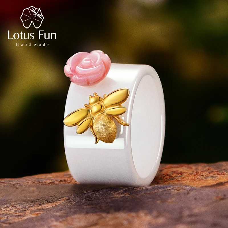 Lotus Fun Solid 925 Sterling Silver Rings for Women Ceramic Bee Rose Flower Silver Ring valentines day gift vintage jewelry