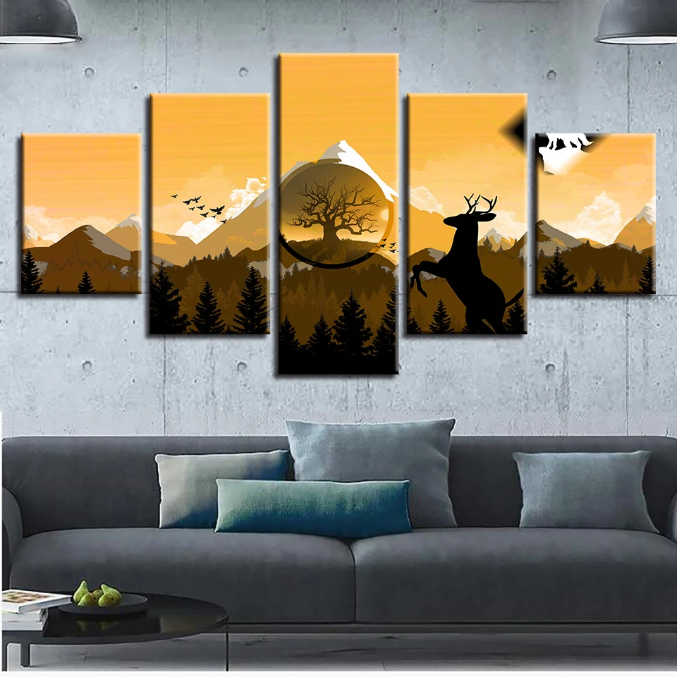 

Modular Pictures Wall Art HD Prints 5 Pieces Deer Canvas Tree Painting Home Mountain Decoration For Living Room Artwork Poster