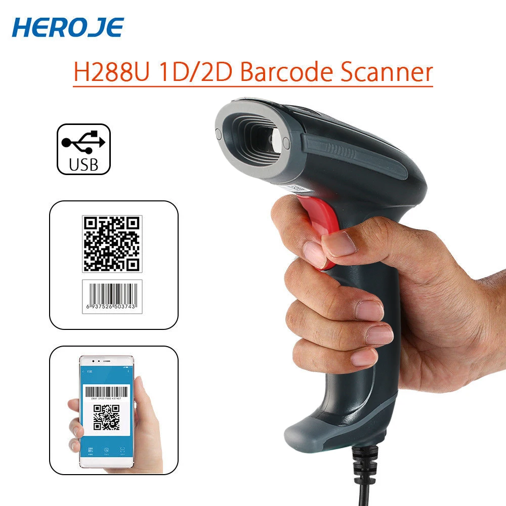 Heroje H288U qr-код сканер USB портативный ручной проводной сканер 2D DataMatrix PDF417 считыватель штрих-кода экран оплата QR ридер