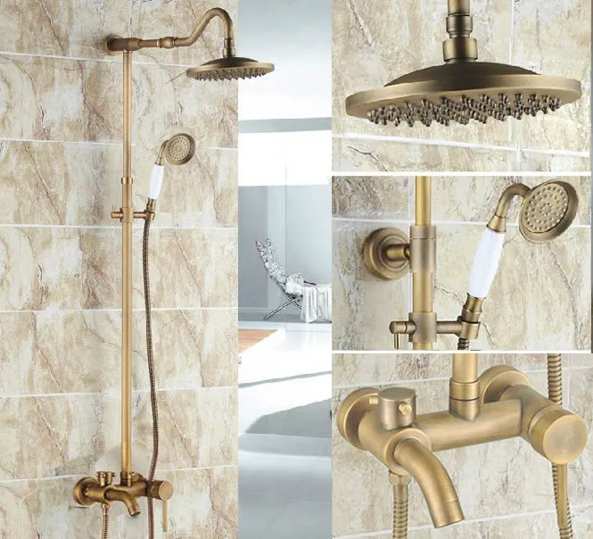 Vintage Retro Antique Brass Single Handle Lever Bathroom 8 Inch Round Rain Shower Faucet Set Tub Mixer Tap Hand mrs226 | Обустройство