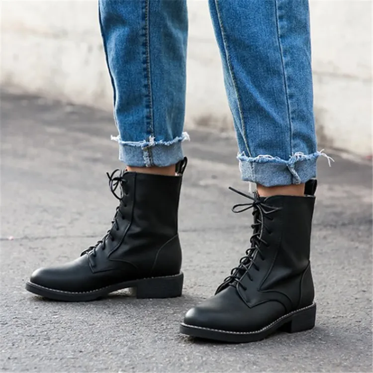 

PXELENA Women Biker Motorcycle Boots Lace Up Low Heel Round Toe Military Army Martin Boots Female Shoes 2019 Autumn Winter 34-43