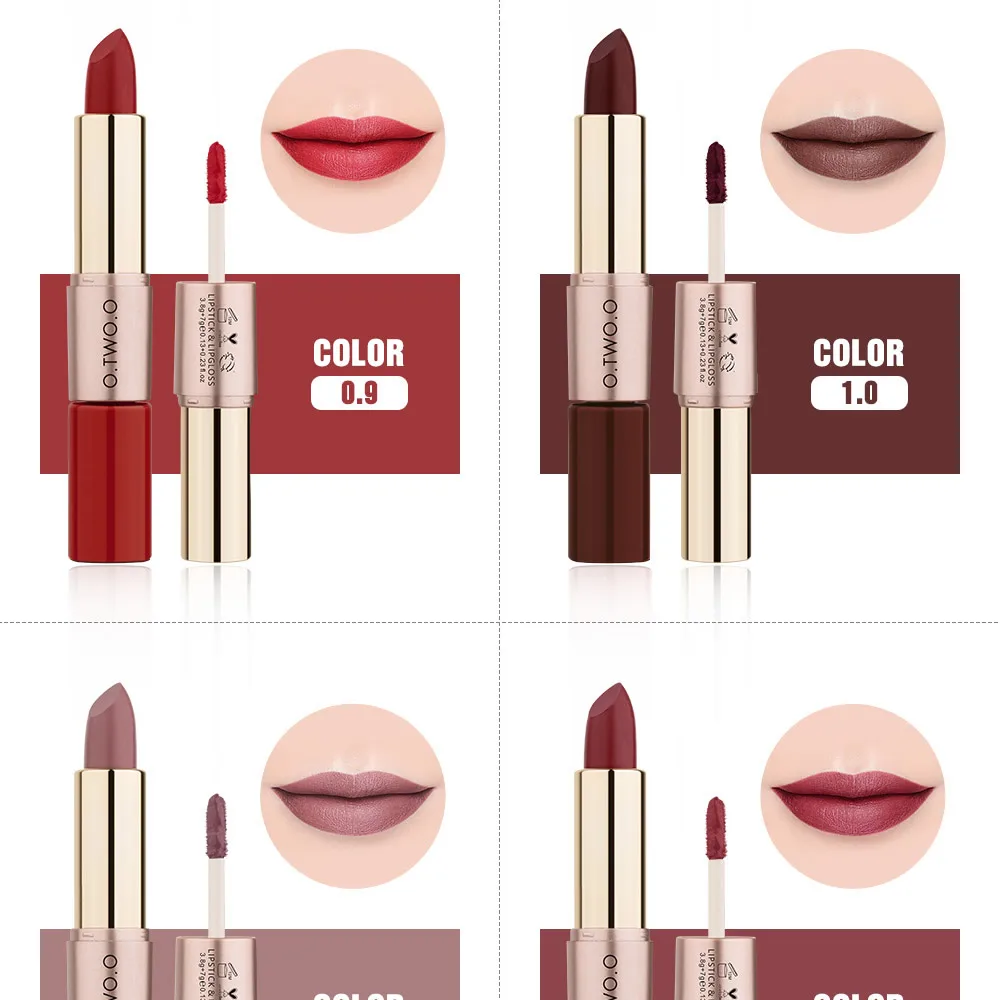 O.TWO.O 2 in 1 Matte Lipstick+Lip Gloss Lips Makeup Cosmetics Waterproof 12 Colors Choose