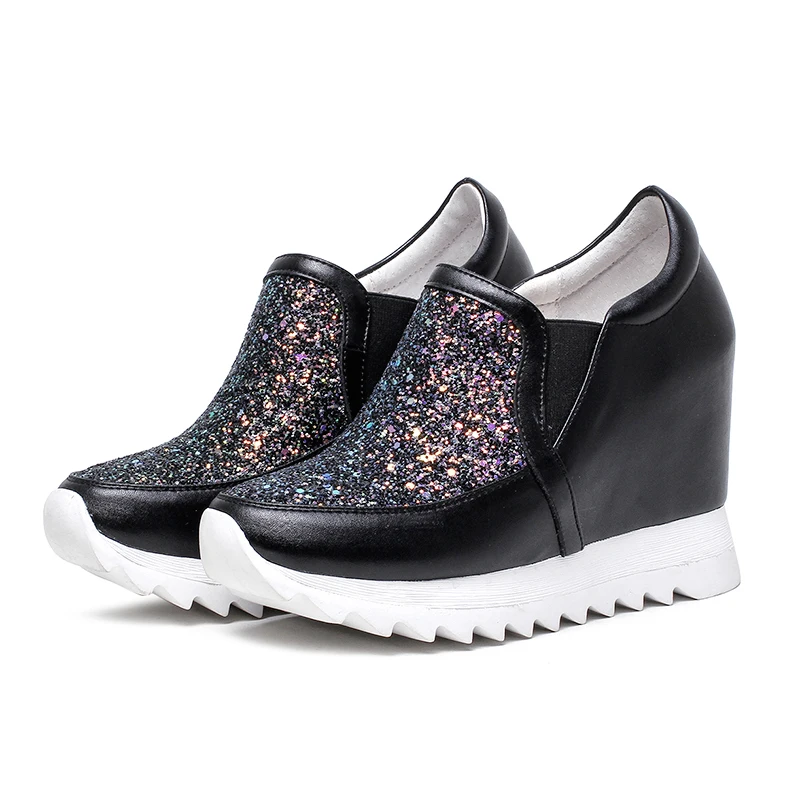 

2017 Spring/Autumn Round Toe Increased within platform heels Bling Genuine Leather Women's shoes