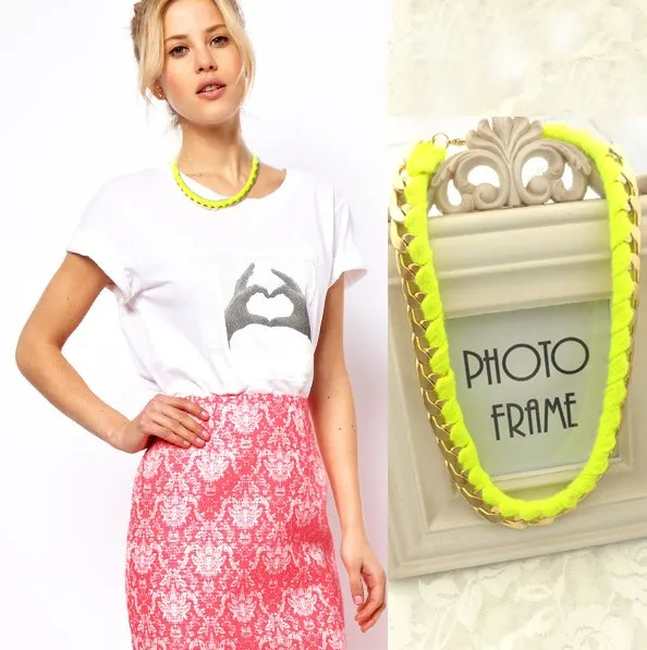 

Fashion accessories Jewelry New Arrival Neon Cotton Thread Metal Chain Short Necklace 2013 women HT-95