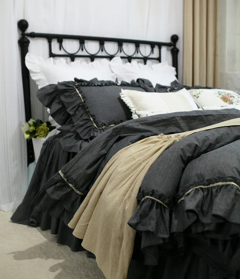 Grey Double Ruffle Bedding Set Lace Design Bedding Bed Set 100