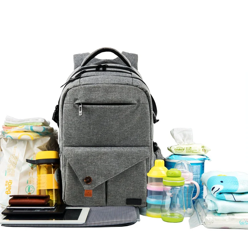 Large Capacity Baby Diaper Bag Gray Nappy Bag Mummy Backpack For Stroller Straps-Changing Pad With Anti-Water Material (4)