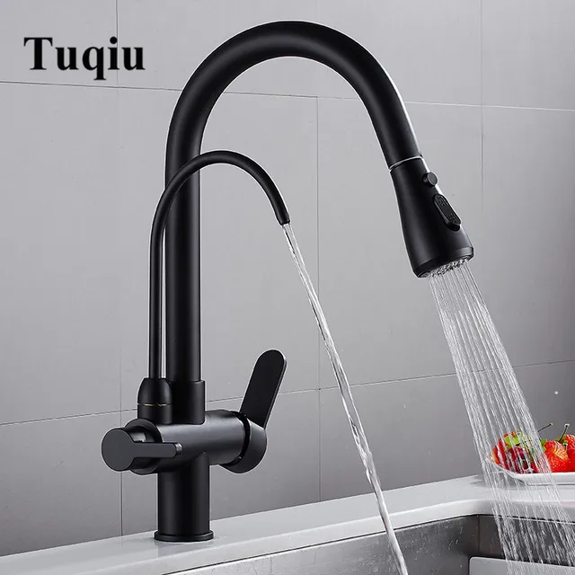 Best Price Pull Out Kitchen Faucet Solid Brass Crane For Kitchen Deck Mounted Black Water Filter Tap Sink Faucet Mixer 3 Way Kitchen Faucet