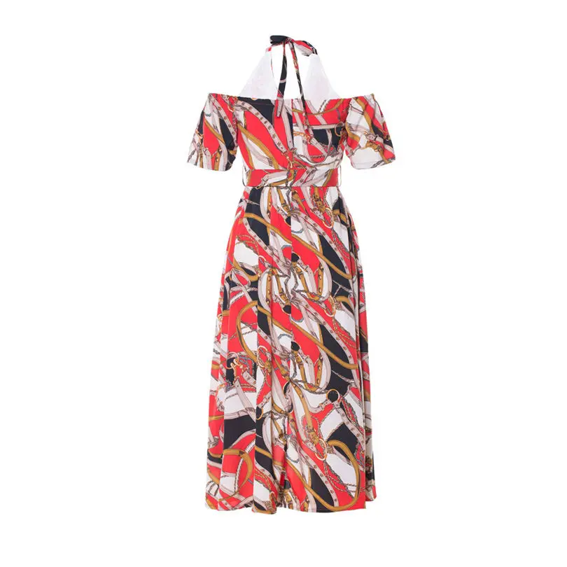  New Fashion Women Summer Lady Elegant Sexy Neck-Tied Bohemian Holiday Dress Chain Flower Casual Daily Beach Long Dress #4F09 (2)
