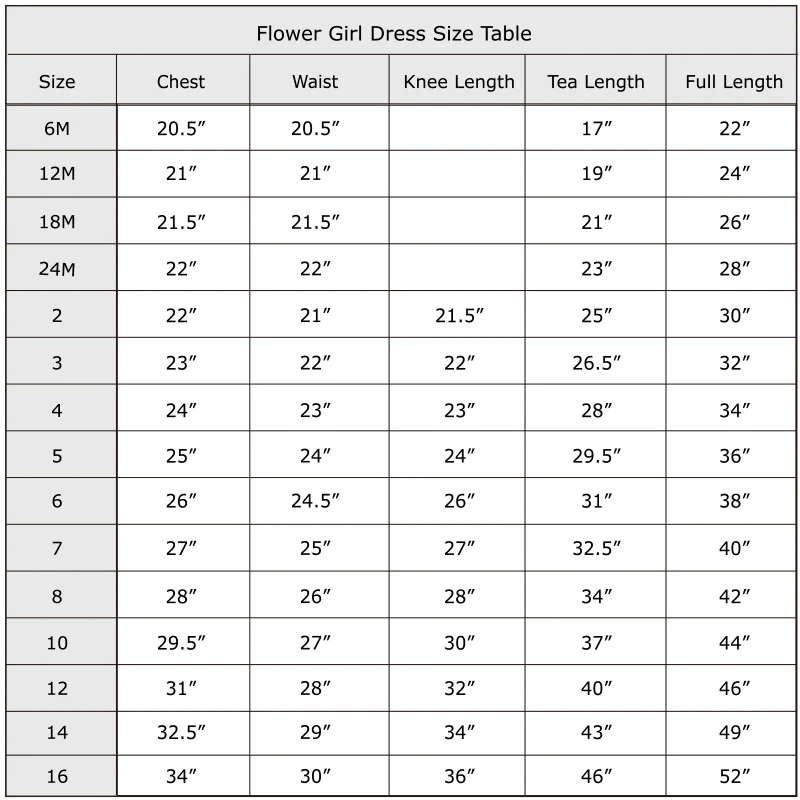Flower Girl Dress Size Table Type 2