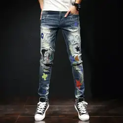 Облегающие мужские джинсы с вышивкой рваные цветные нашивки уличная мода крутой рок диджей ночной клуб Джинсовые брюки
