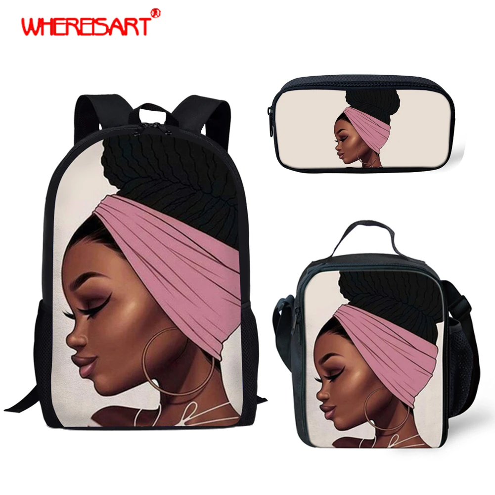 

WHEREISART 2019 Black Queen African American Girls Printing School bag Set Schoolbags for Teenage Girls Bookbag Child Kids Bags
