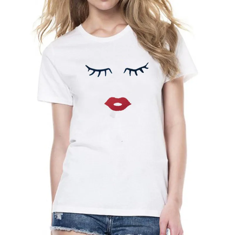 Eye Lashes Red Lips Print Women and Kids T-shirt Funny Family Matching Clothes Summer Mother and Daughter Clothes Casual Tshirt