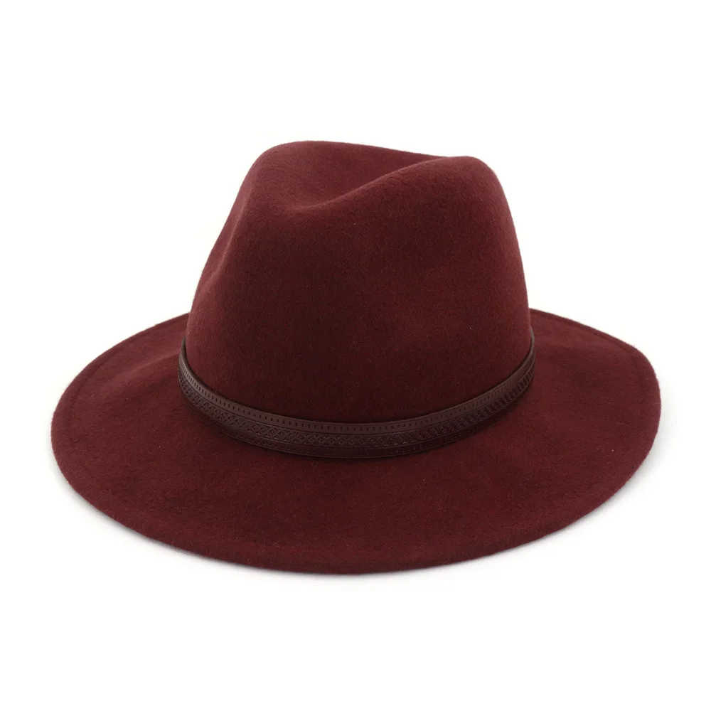 QPALCR зимние джазовые шляпы с большими полями Клош Панама Фетровая Шляпа Fedora для женщин мужчин черный Трилби Дерби бордовый пояс ковбойская шляпа - Цвет: 5