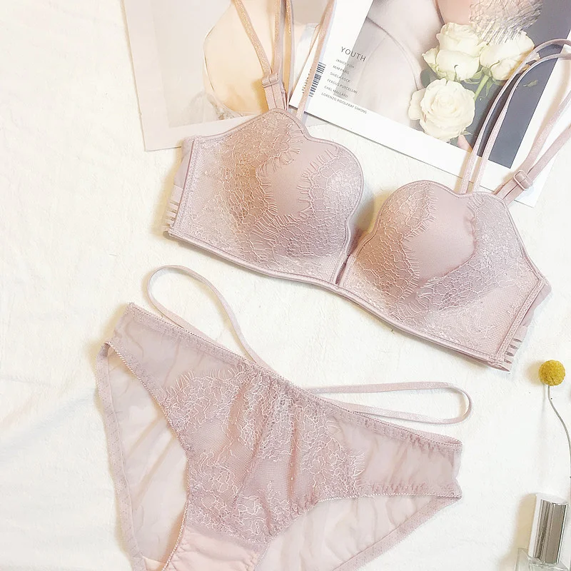 

3 colors Sexy Lace Embroidery Push Up Bra Set petal cup Women Lady lash Underwear Satin seamless deep-v Bra Sets With Panties