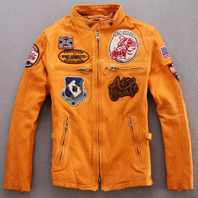 male leather jacket men's 100 Goatskin genuine leather jackets yellow