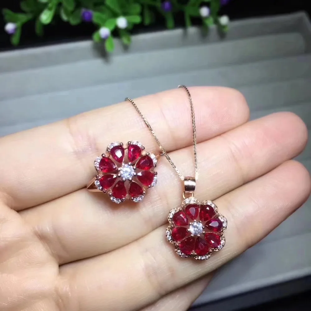 Верность естественно 3*4 мм ruby S925 серебро Цветы Благородный Fine Jewelry наборы для женщин натуральный красный драгоценный камень подвески кольца