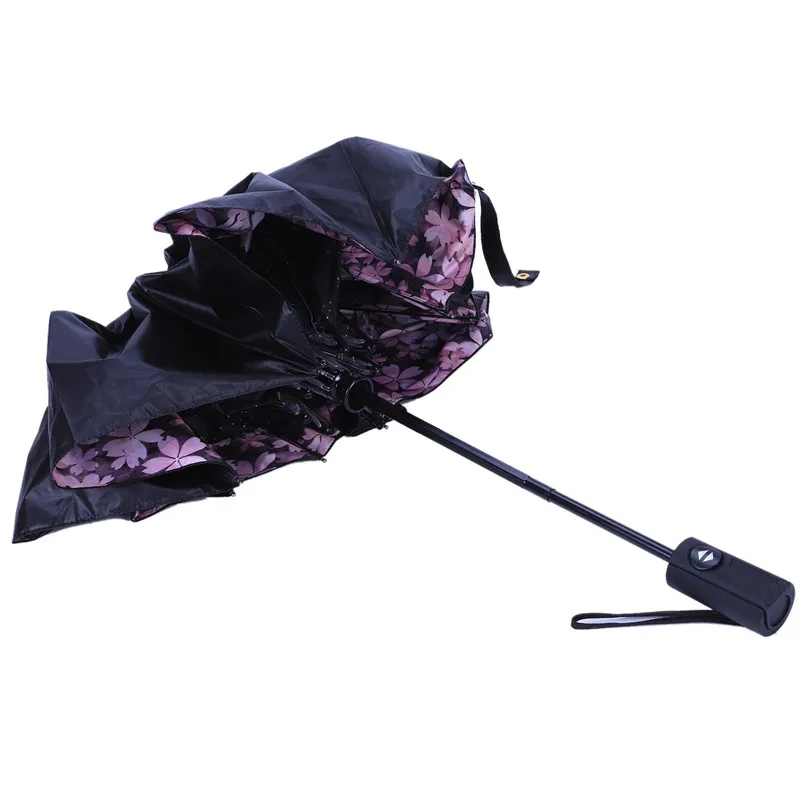 Горячая Распродажа, автоматический женский зонтик в виде цветущей вишни, черное покрытие, зонт от солнца и дождя, женский, 210 T, ткань, три складывания