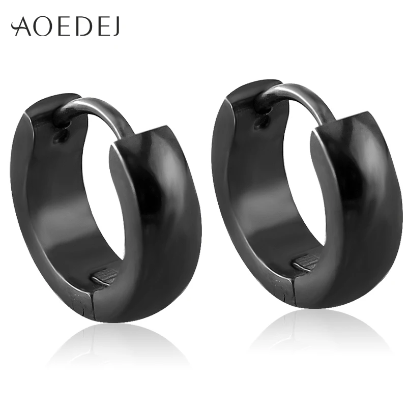 AOEDEJ Mens Punk Black Hoop Earrings Small Round Stainless Steel