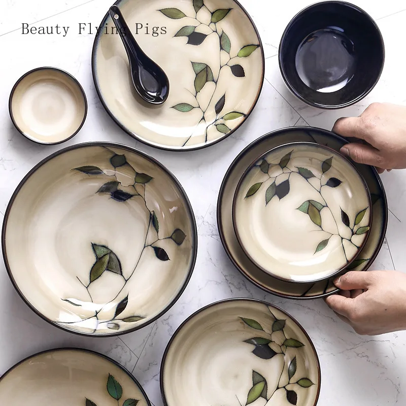 New Japanese and Korean ceramic tableware creative hand-painted plate rice bowl soup bowl noodle bowl salad bowl water cup