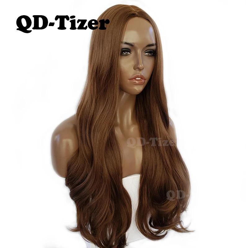 

QD-Tizer Deep Part Synthetic No Lace Wigs For Women Long Brown Color #8 Wavy Hair Wig Heat Resistant Silk Top None Lace Wigs