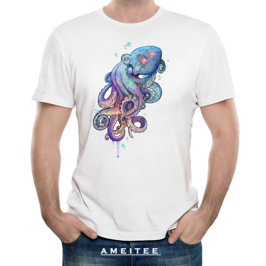 

AMEITTE Nautical rainbow coloured octopus with psychedelic tentacles T-Shirt men fashion t-shirt man Tops summer cool Tees