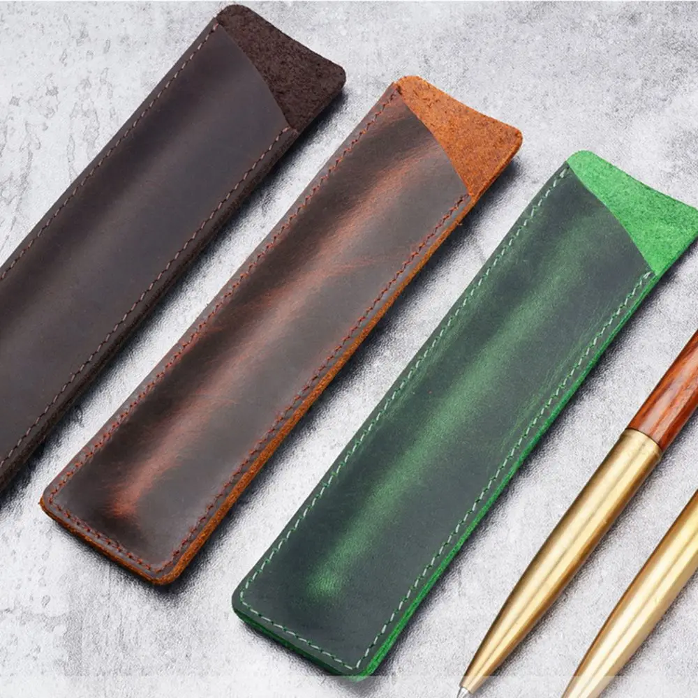 Handmade Cowhide Leather Vintage Pencil Case Pen Bag 