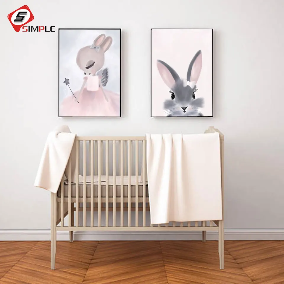 

Watercolor Pink Princess Paintings Canvas Bunny Wall Art Poster Birthday Gifts Nordic Pictures for Girls Kids Room Home Decor