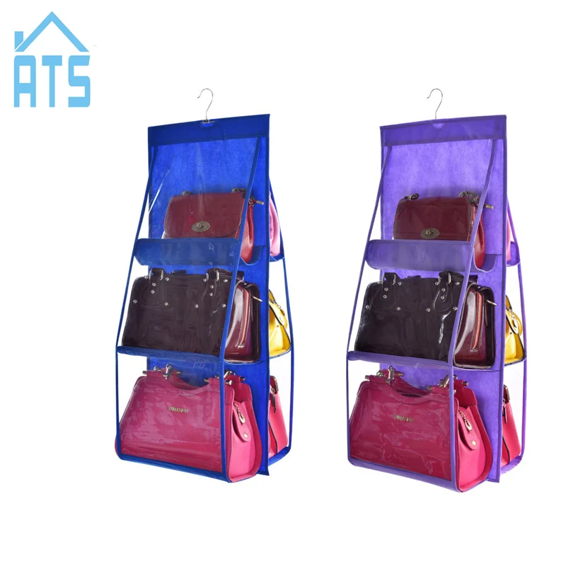 6 pocket Foldable hanging handbag purse bag tidy organizer for wardrobe
