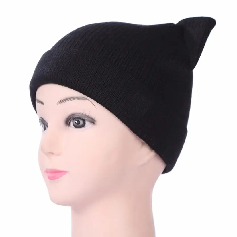 

KLV Spring Autumn And Winter Womens Lady Flexible Fashion Cat Ears Winter Warm Cap Thick Curling Wool Hat Solid Color