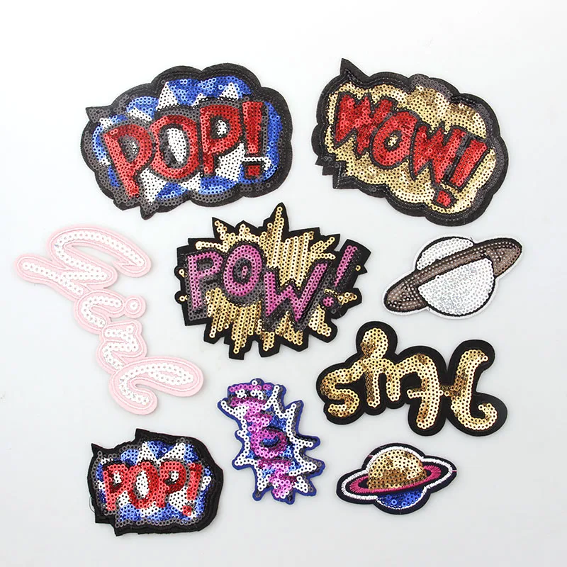 

1Pc Embroidery Sequins Patches Clothing Wow Pop Letters Iron On Patches Punk Motif Applique DIY Cloth Accessory Stickers