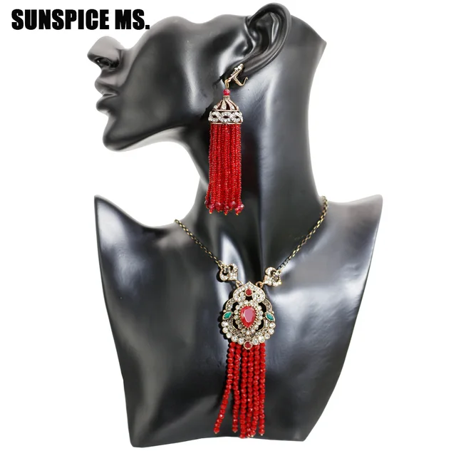 SUNSPICE MS Vintage Big Bead Tassels Earrings Pendant Necklace Natural