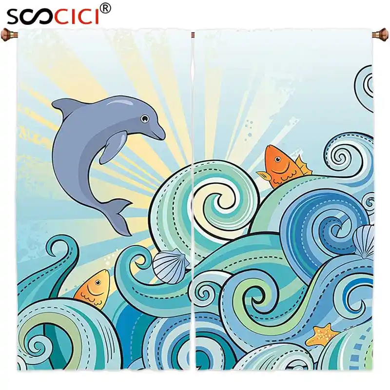 Tirai Jendela Perawatan 2 Panel Hewan Laut Dekorasi Kartun